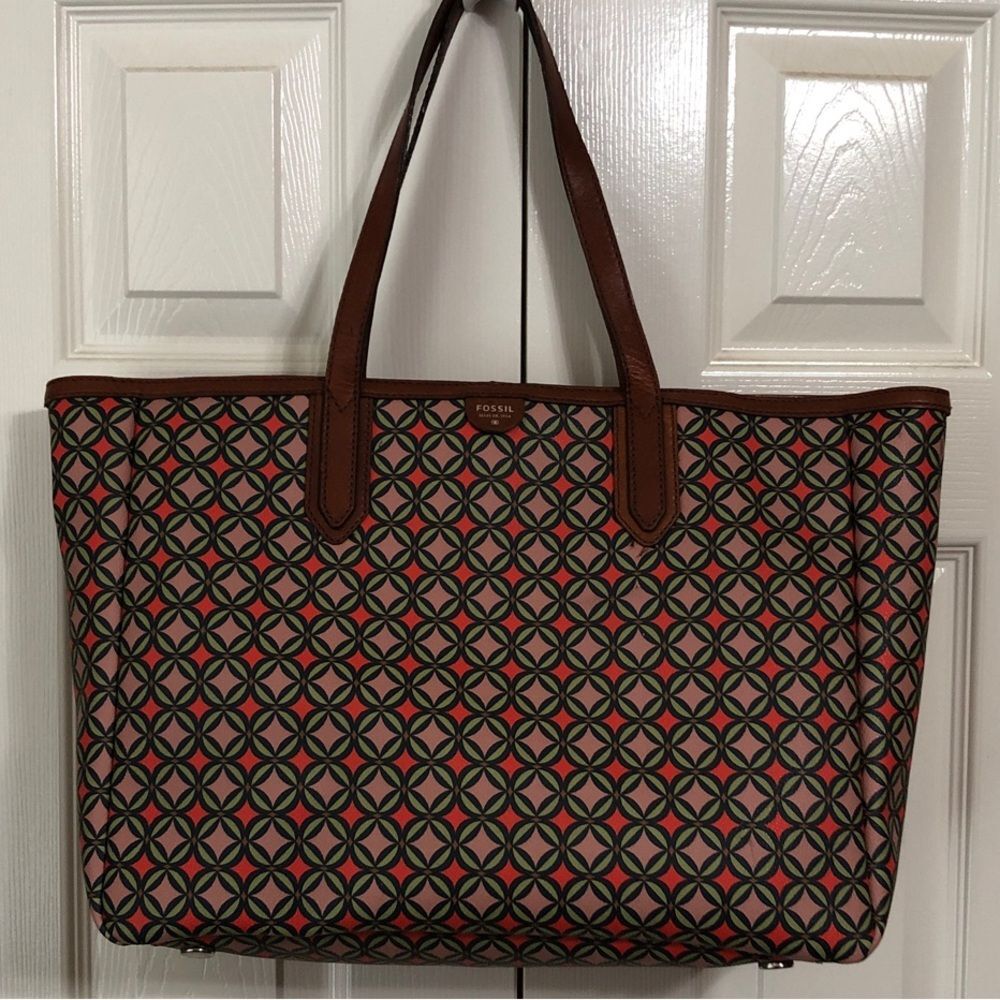 Fossil Tote Pink and Brown Patterned Purse Large